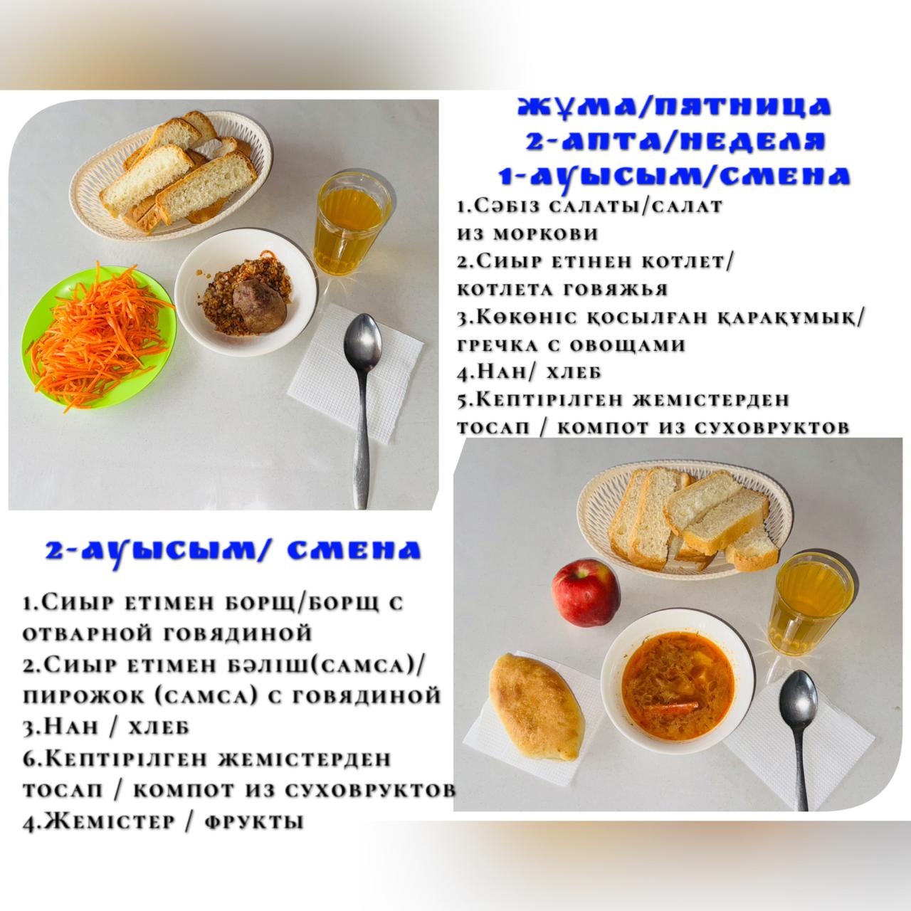 Асханадағы тегін тамақ ішетін 1-2 ауысым бойынша оқушылардың күнделікті ас мәзірі